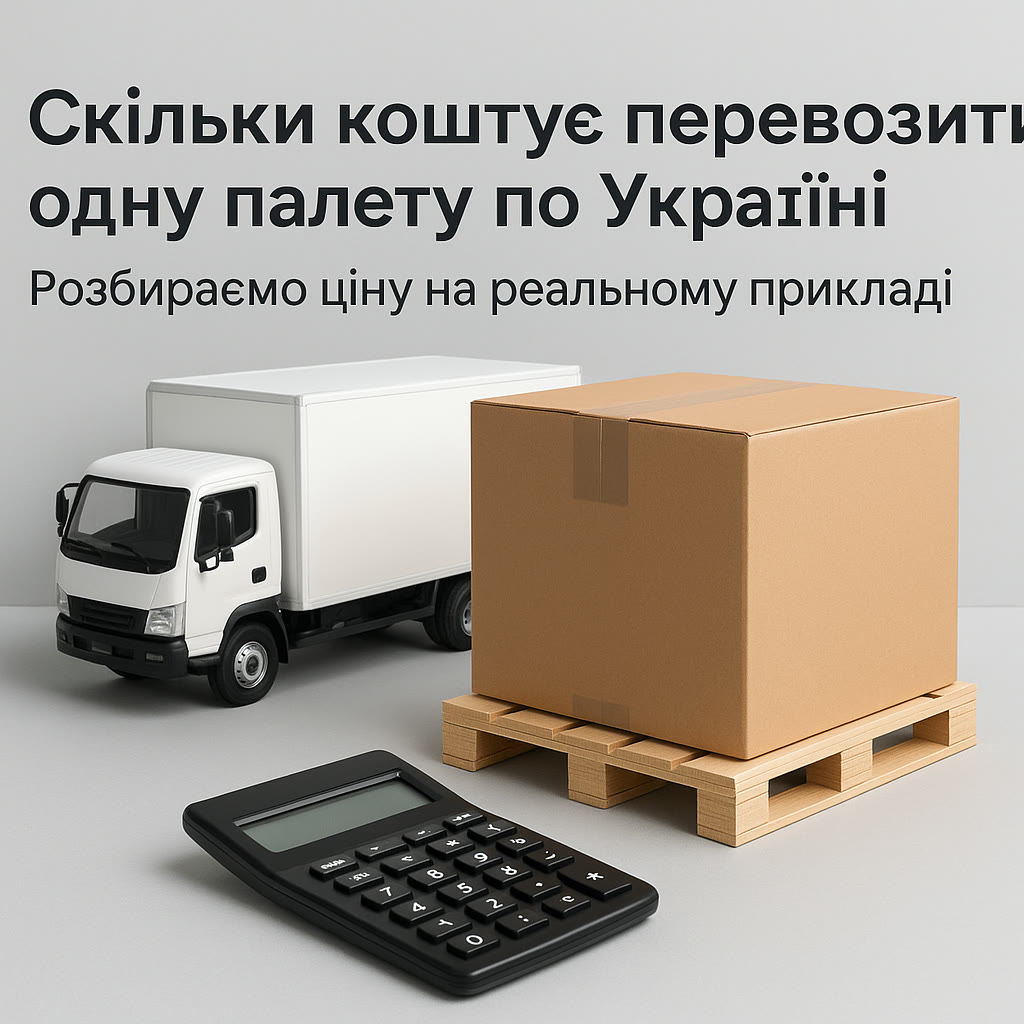 Палета з коробкою, калькулятор і невелика вантажівка