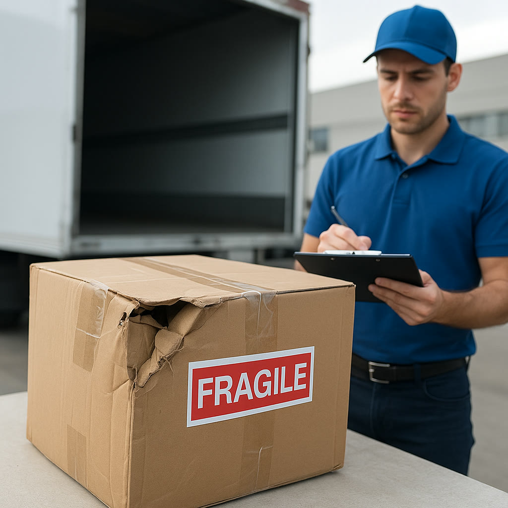 Empfänger prüft einen beschädigten FRAGILE-Karton und notiert Vorbehalte