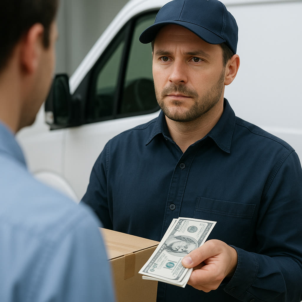 Ein Kunde übergibt dem Frachtführer am Transporter eine Anzahlung in bar