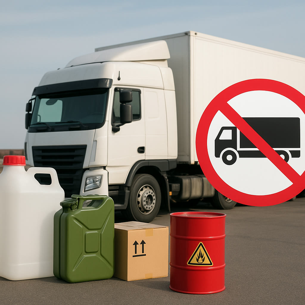 Kanister, Karton und Fass mit entzündbarem Stoff neben einem Lkw, dazu ein Verbotsschild