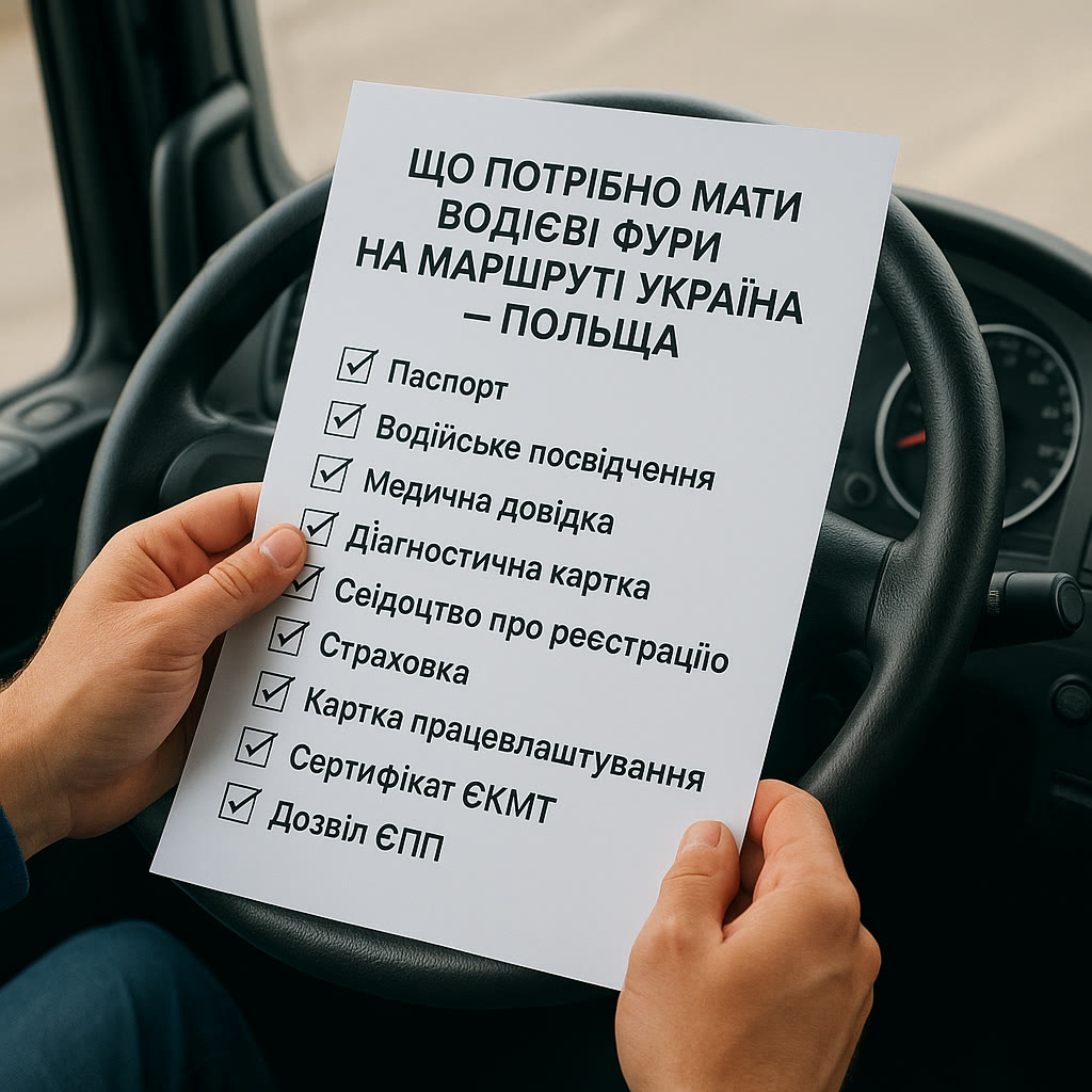 Fahrer hält eine Dokumenten-Checkliste für eine Fahrt nach Polen