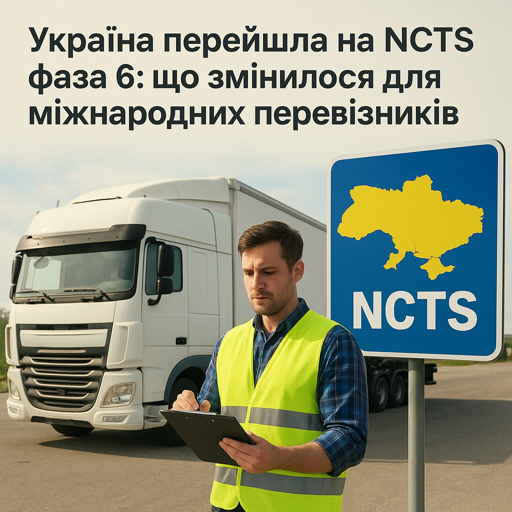 Перевізник із документами біля фури та знака NCTS на карті України