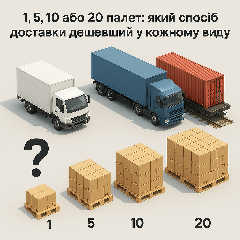 Illustration: Lkw, Planen-Sattelzug und Container über Stapeln von 1, 5, 10 und 20 Paletten