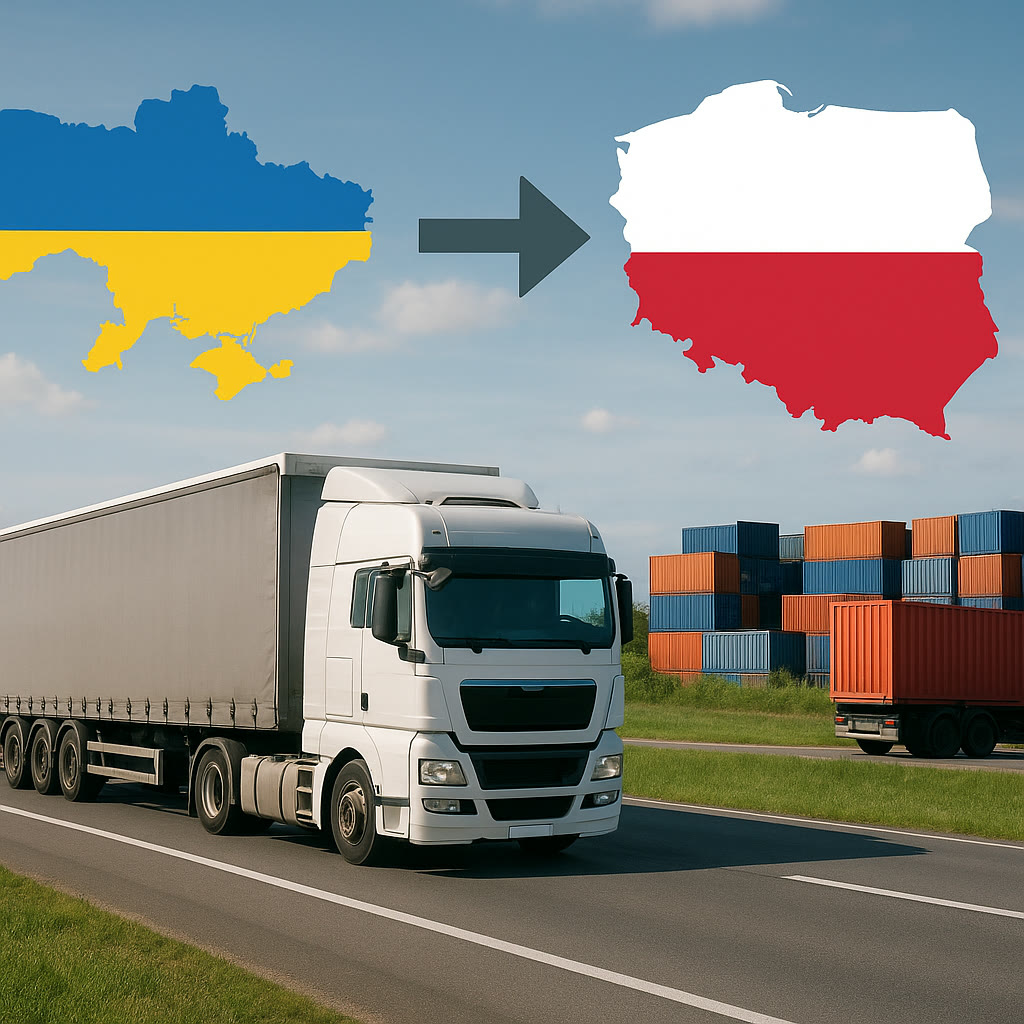 Фура з контейнерами між картами України та Польщі