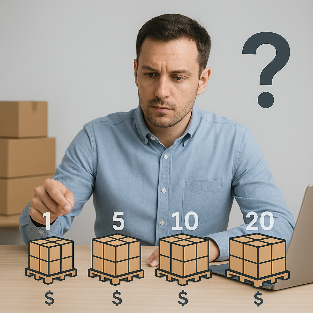 Ein Manager vergleicht die Lieferkosten für 1, 5, 10 und 20 Paletten