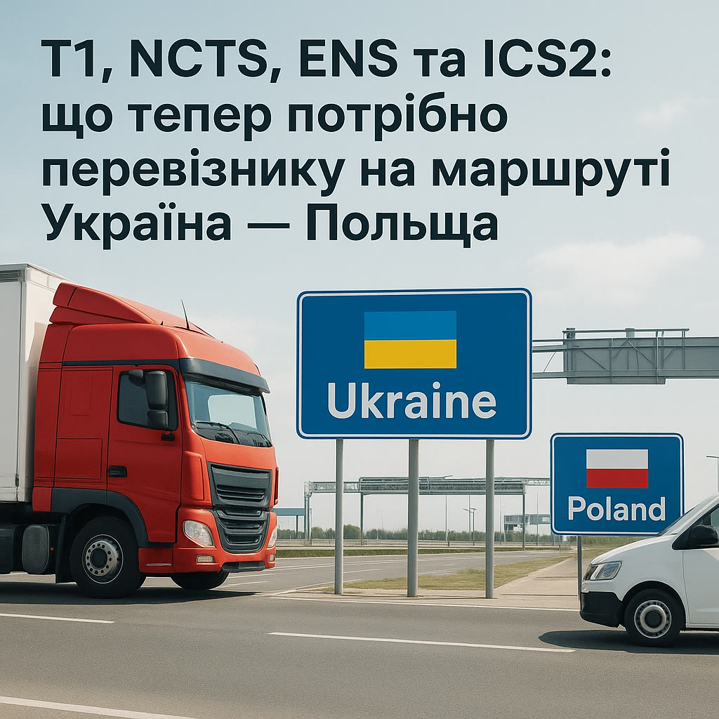 A truck on the highway between "Ukraine" and "Poland" road signs