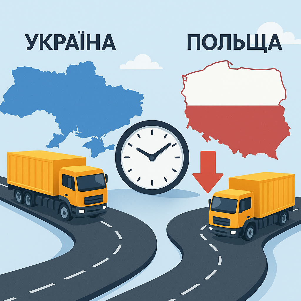 Ілюстрація: фури на трасі між Україною та Польщею, годинник і затримка