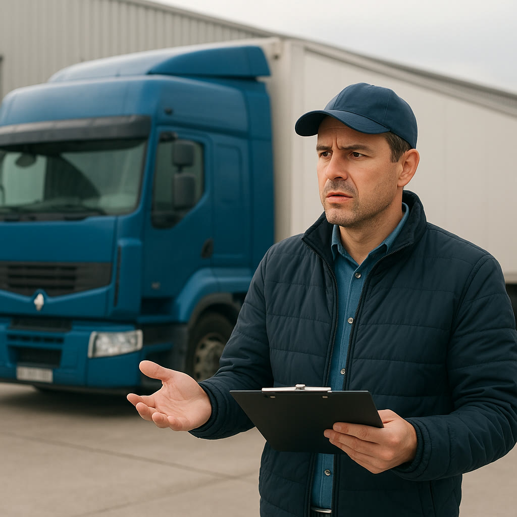 A driver with paperwork next to the truck asks who will pay for the waiting time
