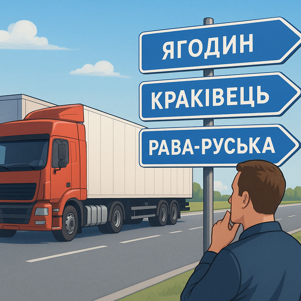 Иллюстрация: фура и таблички Ягодин, Краковец, Рава-Русская