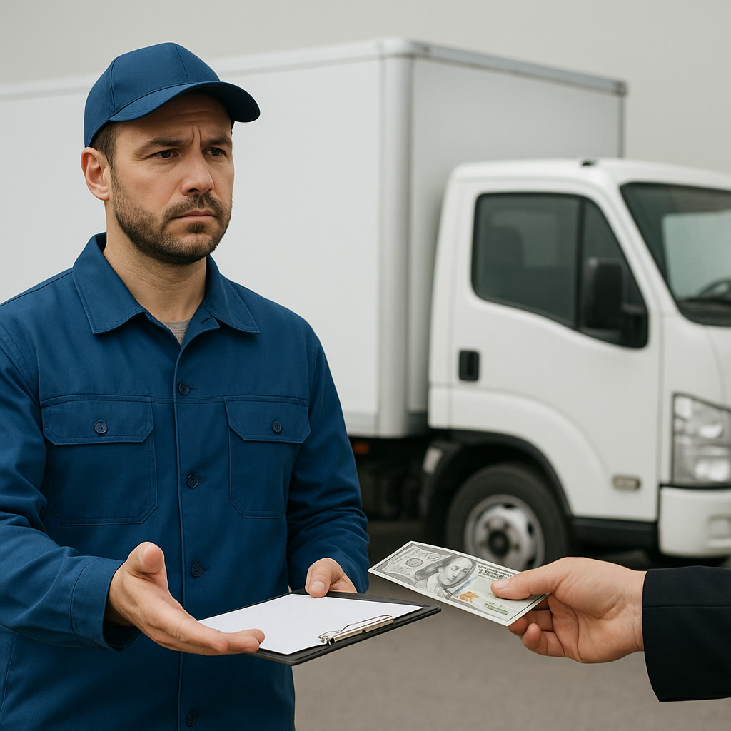 Ein Frachtführer verlangt am Lkw eine Vorauszahlung für die Zustellung