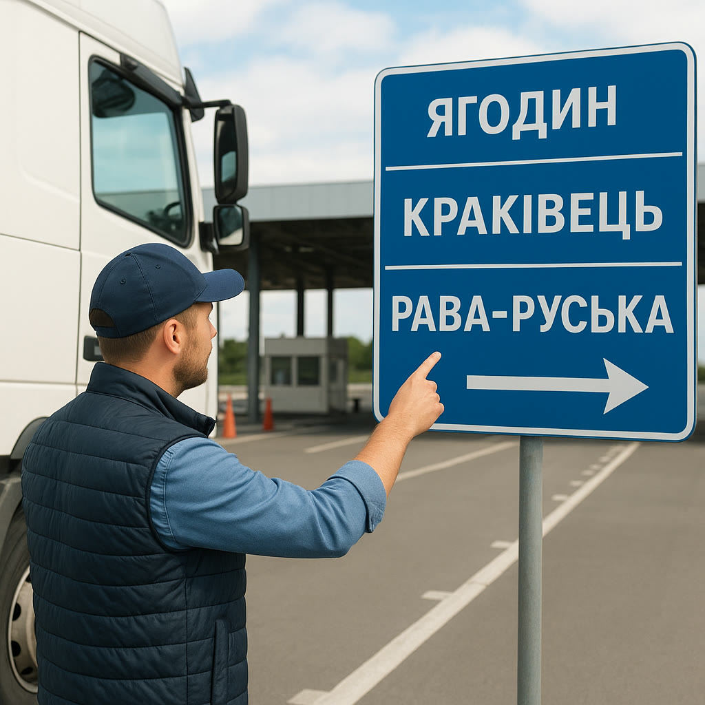 Водитель у знака с направлениями Ягодин, Краковец, Рава-Русская
