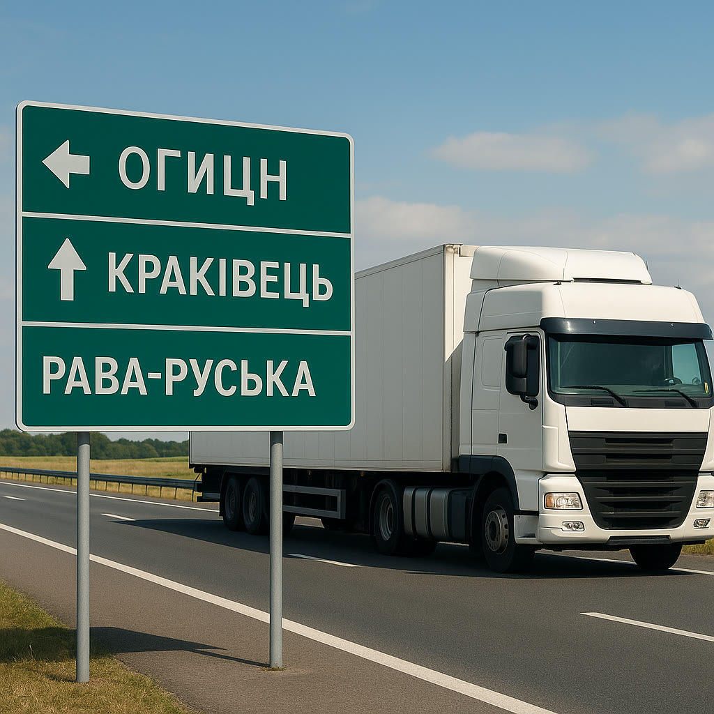 Дорожный знак с направлениями к пунктам пропуска и фура на трассе