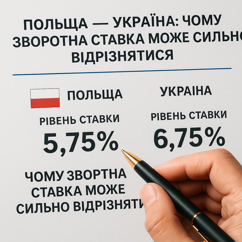 Аркуш із порівнянням процентних ставок Польщі (5,75%) та України (6,75%)