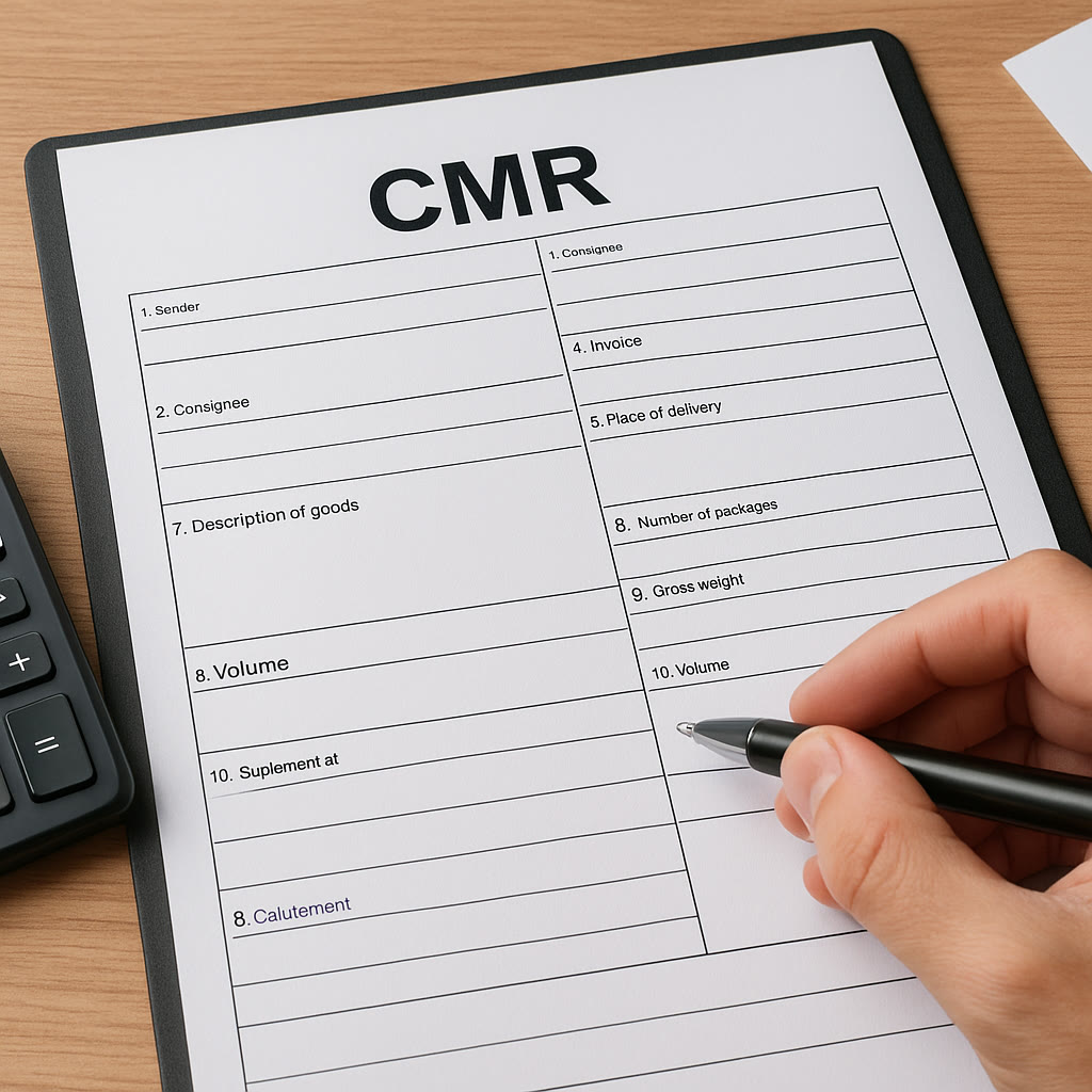 Бланк CMR на планшеті з ручкою та калькулятором