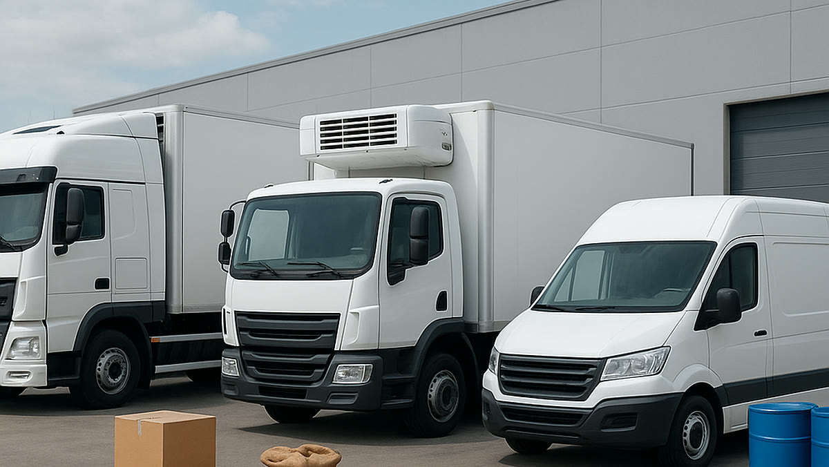 A semi-trailer, a reefer and a van at a warehouse