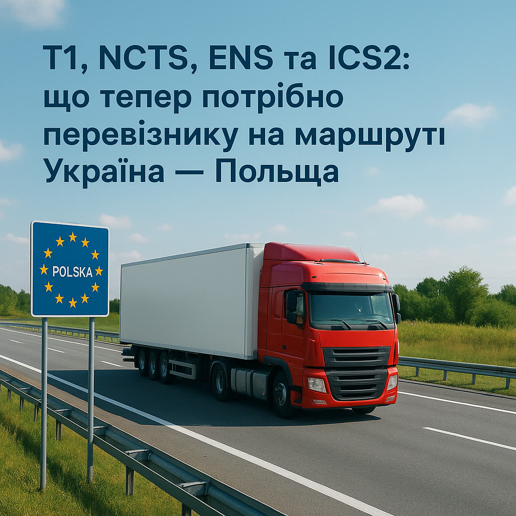 A curtain-side truck (tilt trailer) drives to the EU border past a sign with the stars of the European Union