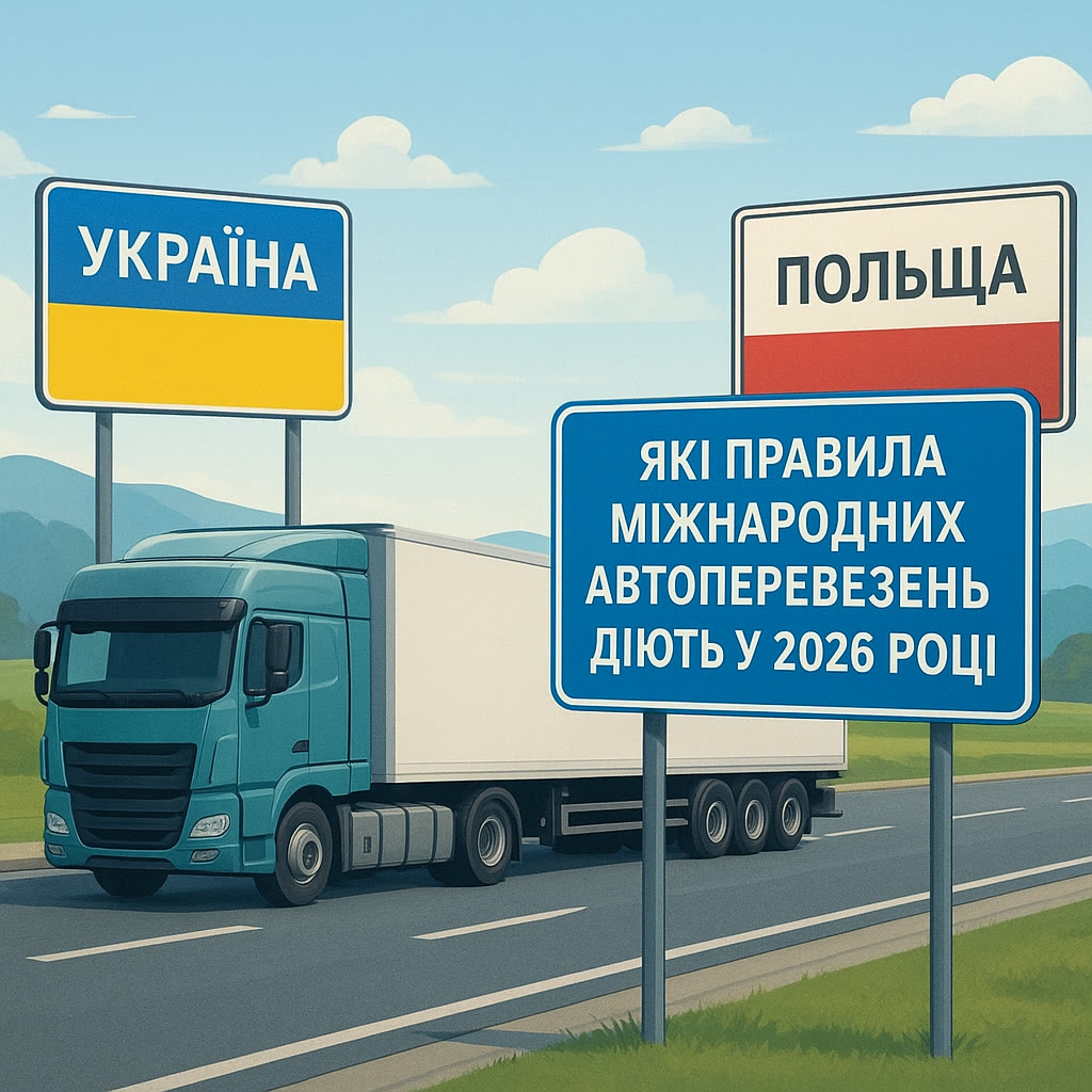 Verkehrsschilder „Ukraine" und „Polen" neben einem Lkw an der Grenze