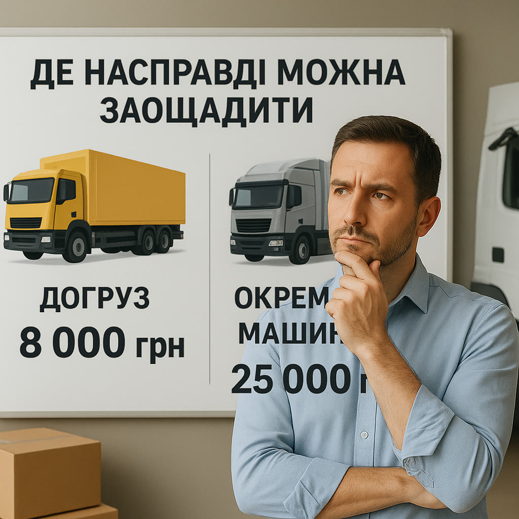 A shipper comparing a part load at UAH 8,000 and a dedicated truck at UAH 25,000 on a freight board